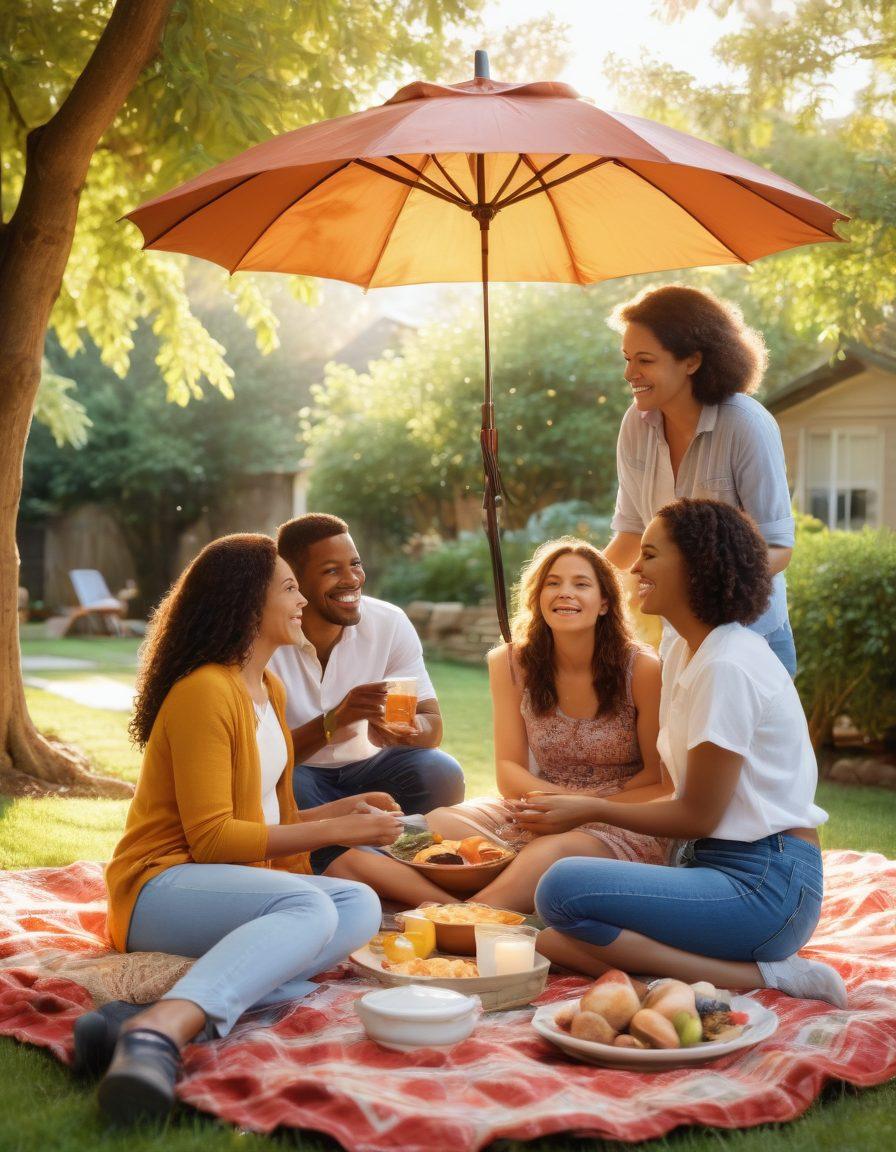 A warm family gathering with diverse family members sharing laughter and hugs, surrounded by symbols of security like a cozy home and an umbrella representing insurance. Soft sunlight filters through a tree, casting a golden glow, embodying warmth and protection. The scene includes friends enjoying a picnic, emphasizing community bonds. vibrant colors. super-realistic.