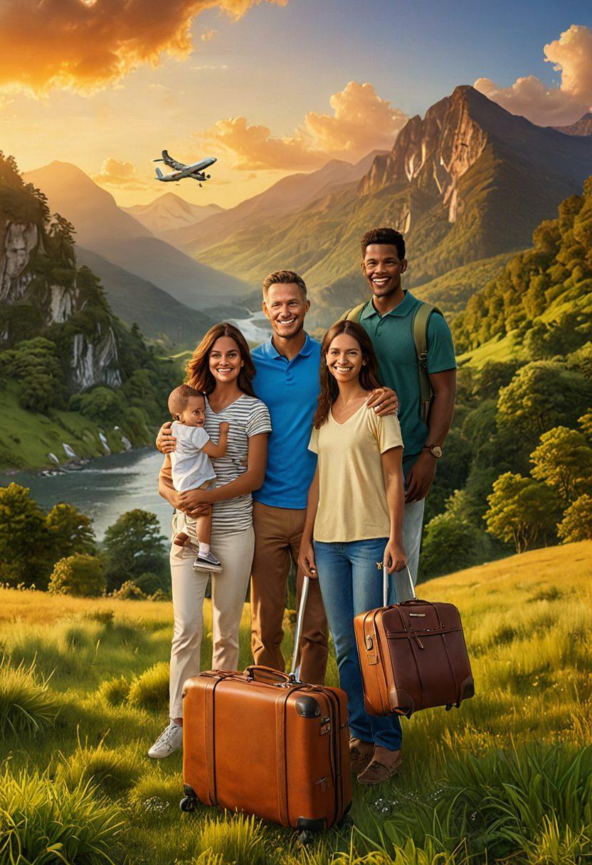 A serene travel scene showcasing a family enjoying a picturesque landscape, with lush mountains in the background and a warm sunset illuminating their faces. Include elements of insurance like a protective shield around them symbolizing safety, and subtle icons of travel (like an airplane and suitcase). Expressions of joy and connection among family members are highlighted. super-realistic. vibrant colors. warm tones.