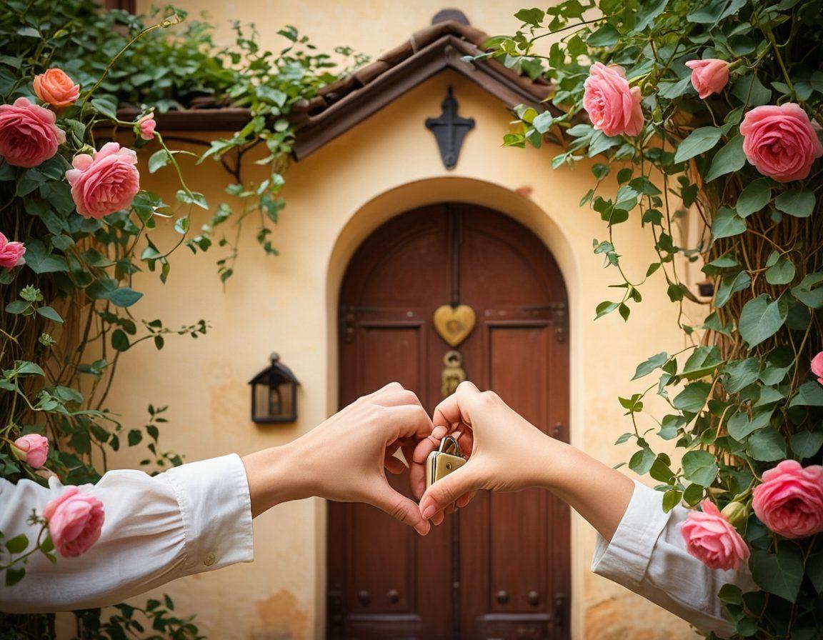 A warm, inviting scene depicting a couple holding hands with a heart-shaped lock in the background symbolizing love and protection. Surrounding them are subtle representations of assets like a house and a car, intertwined with vines of flowers representing growth and care. The overall tone should convey warmth, trust, and security. soft-focus. vibrant colors. romantic style.